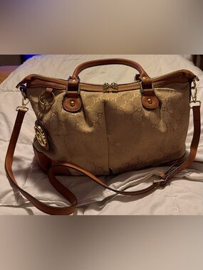 Fashionable Beige & Brown Monogram Canvas Satchel with Wallet